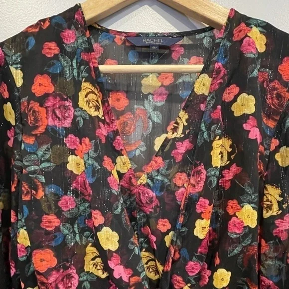 NWT Rachel Rachel Roy Black Mini Floral Chiffon Dress with Bell Sleeves Size L - Picture 2 of 8